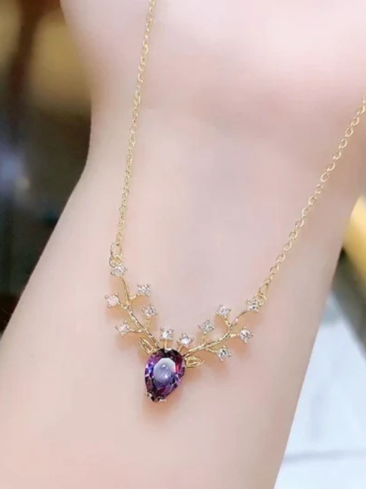 Purple Diamond Deer Necklace – Elegant & Unique Statement Piece!